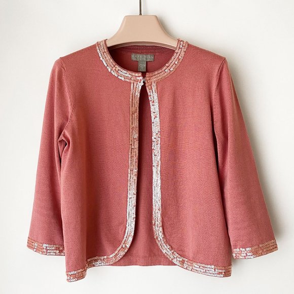 Kate Hill dusty rose sequin trim silk cardigan - Picture 6 of 13
